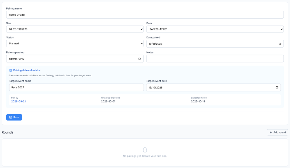 Pairing screen of the MyPigeonPedigree app